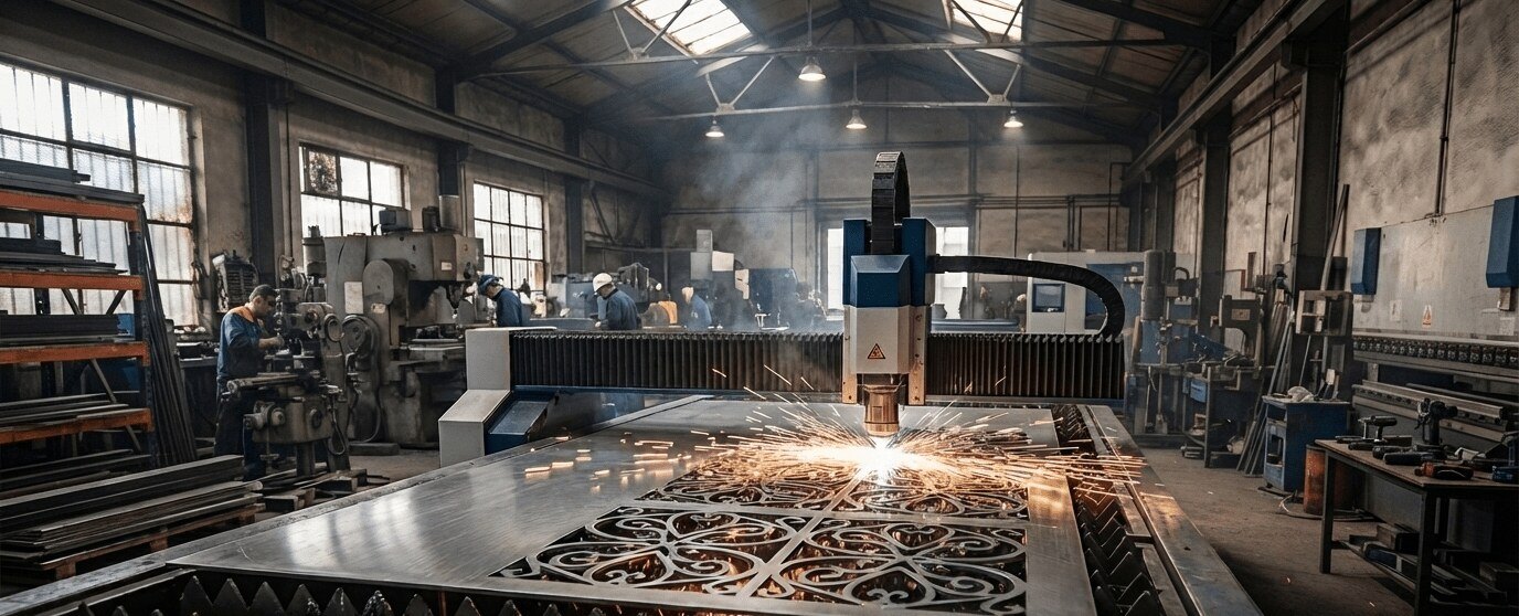 Xưởng gia công máy cắt CNC laser đang cắt tấm kim loại hoa văn tại HPD Metal